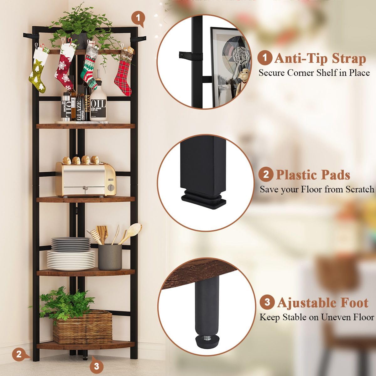 BON AUGURE 5-Tier Corner Ladder Shelf Stand, Black Metal Wood Corner Bookshelf, Narrow Tall Display Bookcase Shelving Unit for Living Room, Home Office, Small Space (Rustic Oak)