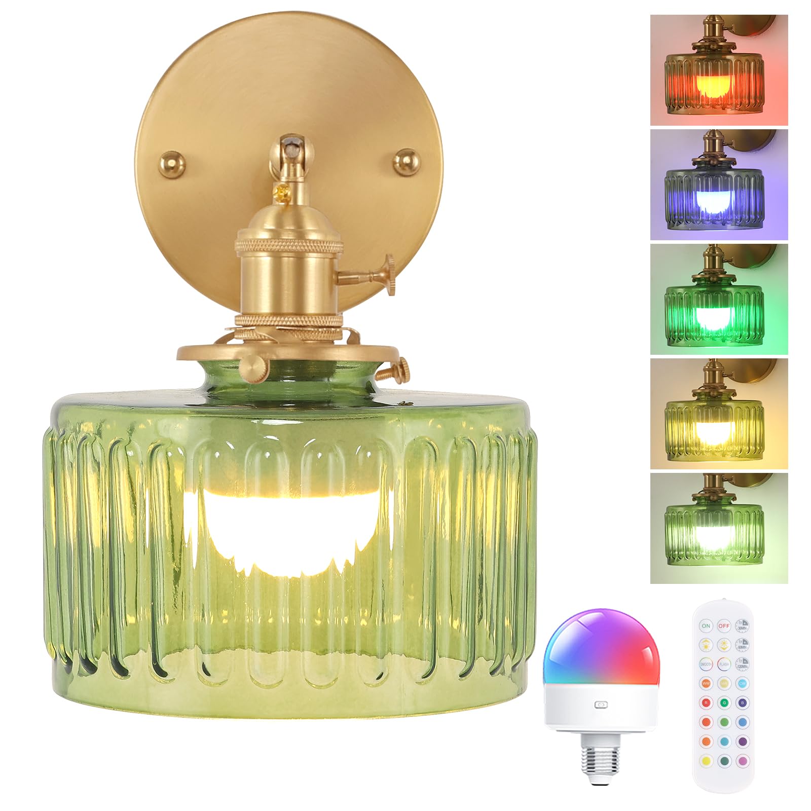 Shenmoyl Vintage Wall Sconce Wall Lamp with Amber Striped Glass Shade Hanging Wall Sconce with 4.9FT Plug in Cord, Modern Wall Lamp Fixtures Decor for Bedside Bedroom Indoor Doorway