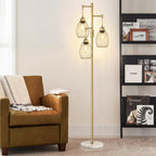 Dimmable Floor Lamp, Industrial Floor Lamps for Living Room, Gold Tree Lamp Standing Lamp Tall Lamps with 3 Elegant Teardrop Cage Head & 800 Lumens LED Bulbs for Living room Bedroom Office Dining Room