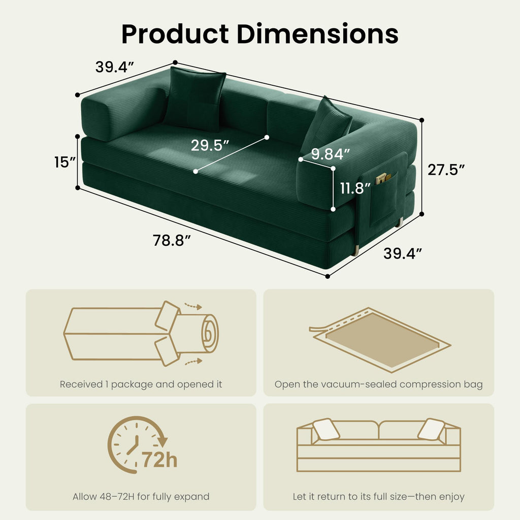 78.8" Convertible Futon Sofa Bed,Corduroy Futon Couch with Storage Pocket,Folding Pull Out Sofa,No Assembly Boneless Couch for Living Room | Pink
