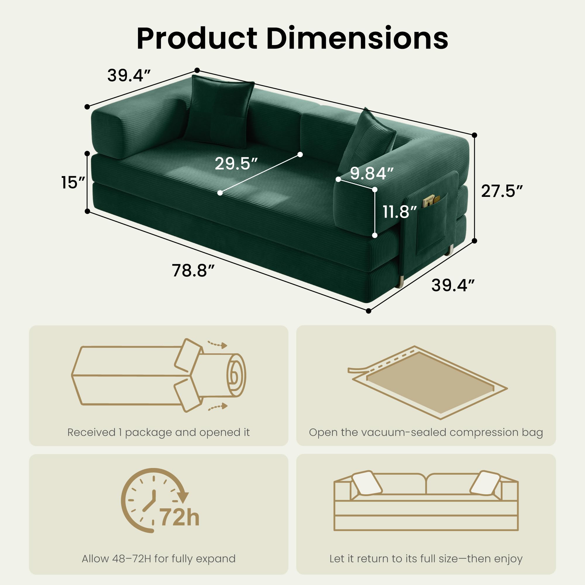 78.8" Convertible Futon Sofa Bed,Corduroy Futon Couch with Storage Pocket,Folding Pull Out Sofa,No Assembly Boneless Couch for Living Room | Pink