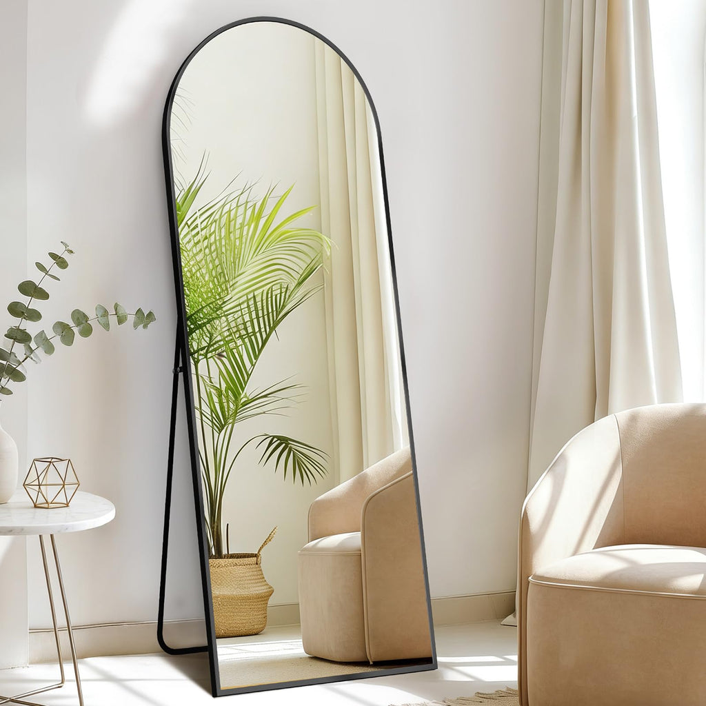DUMOS Arched Full Length Mirror with Stand 64"x21" Floor Standing Aluminum Frame for Bedroom Body Hanging Leaning Modern Simple Home Decor Shatter-proorf Nano Glass Wall Living Room Cloakroom Black