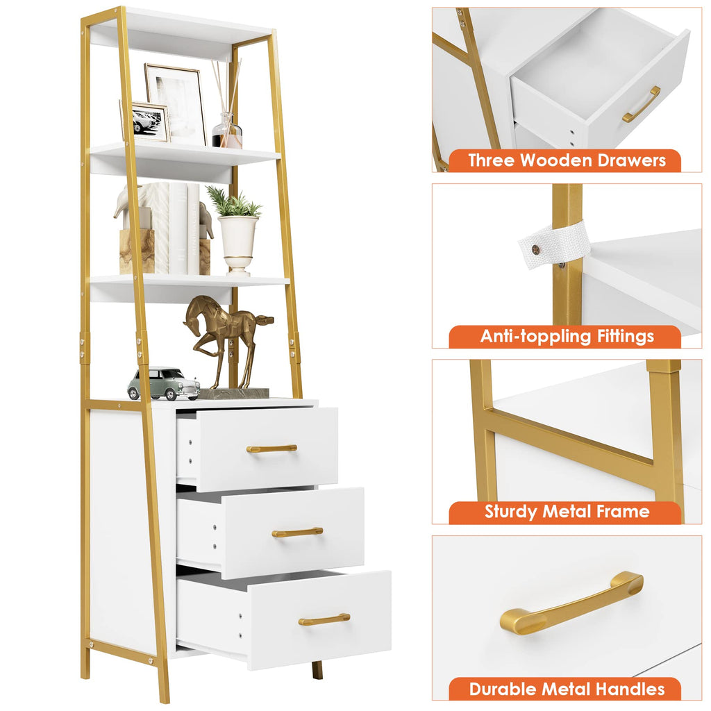 HITHOS Black Gold 4-Tier Bookshelf, Tall Bookcase with 3 Wooden Drawers, Modern Ladder Book Shlef Storage Organizer for Living Room, Entryway, Office
