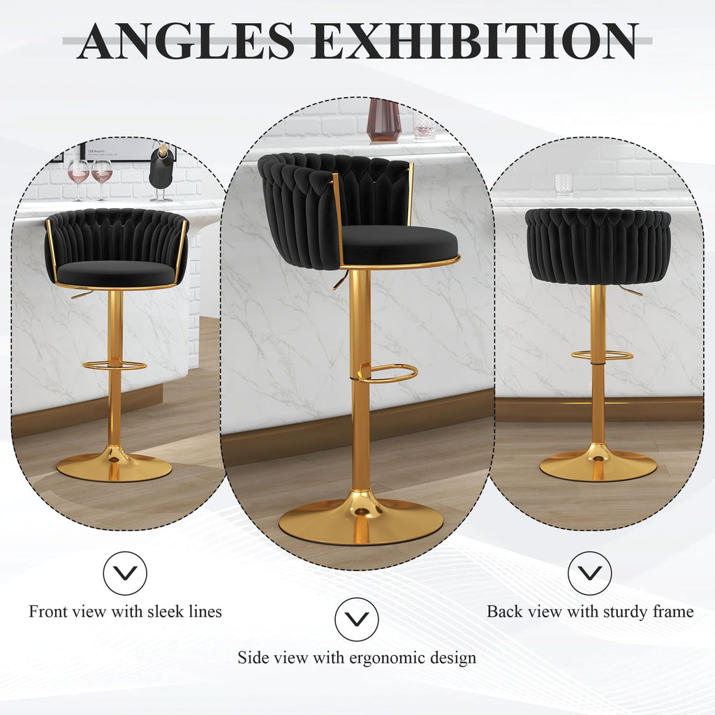ABET Gold Bar Stool Set of 2, Velvet Swivel Barstools, Height Adjustable Counter Stools with Woven Back, Upholstered Modern Luxury Kitchen Stools with Footrest for Cafe, Pub, Black