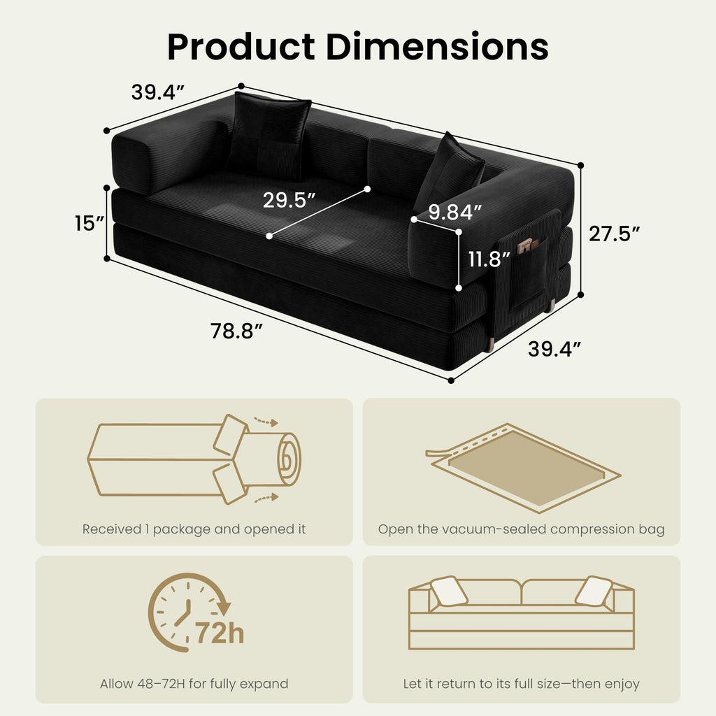 78.8" Convertible Futon Sofa Bed,Corduroy Futon Couch with Storage Pocket,Folding Pull Out Sofa,No Assembly Boneless Couch for Living Room | Pink