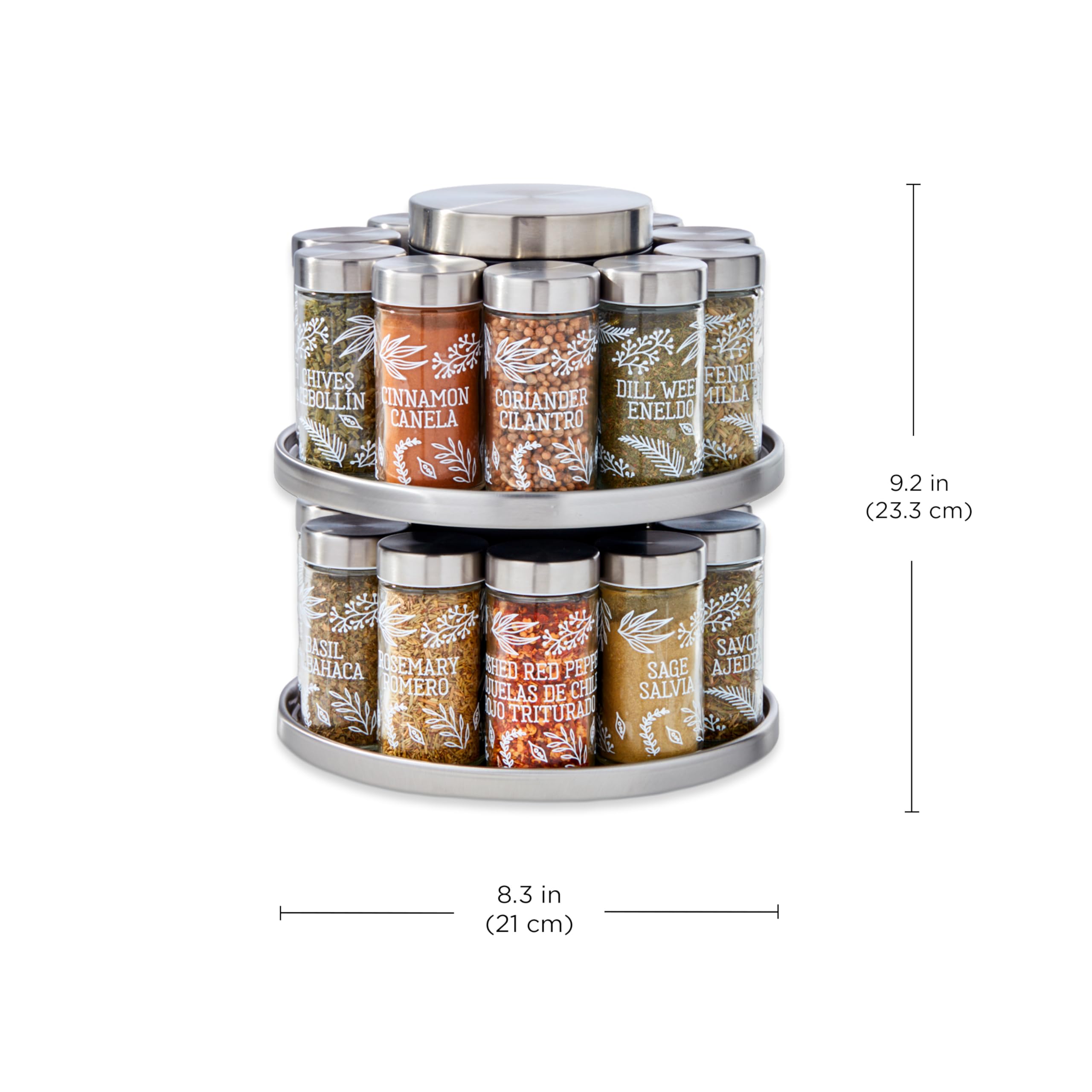 Kamenstein 20 Jar Revolving Countertop Spice Rack with Spices Included, FREE Spice Refills for 5 Years, Polished Stainless Steel with Black Caps, 30020