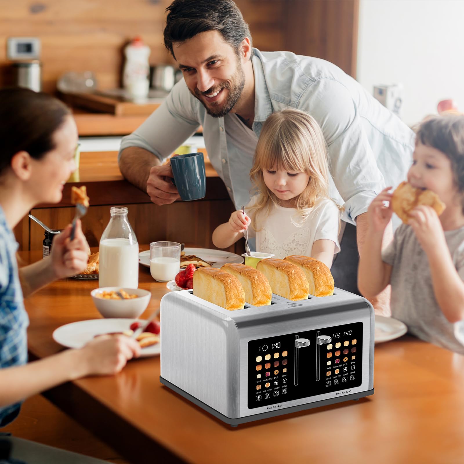 4 Slice Toaster Touch Screen, Stainless Steel Toasters Digital Timer, Dual Control Panel Toasters, 8 Shade Settings 6 Bread Types for Bagel, Cancel, Defrost 1650W