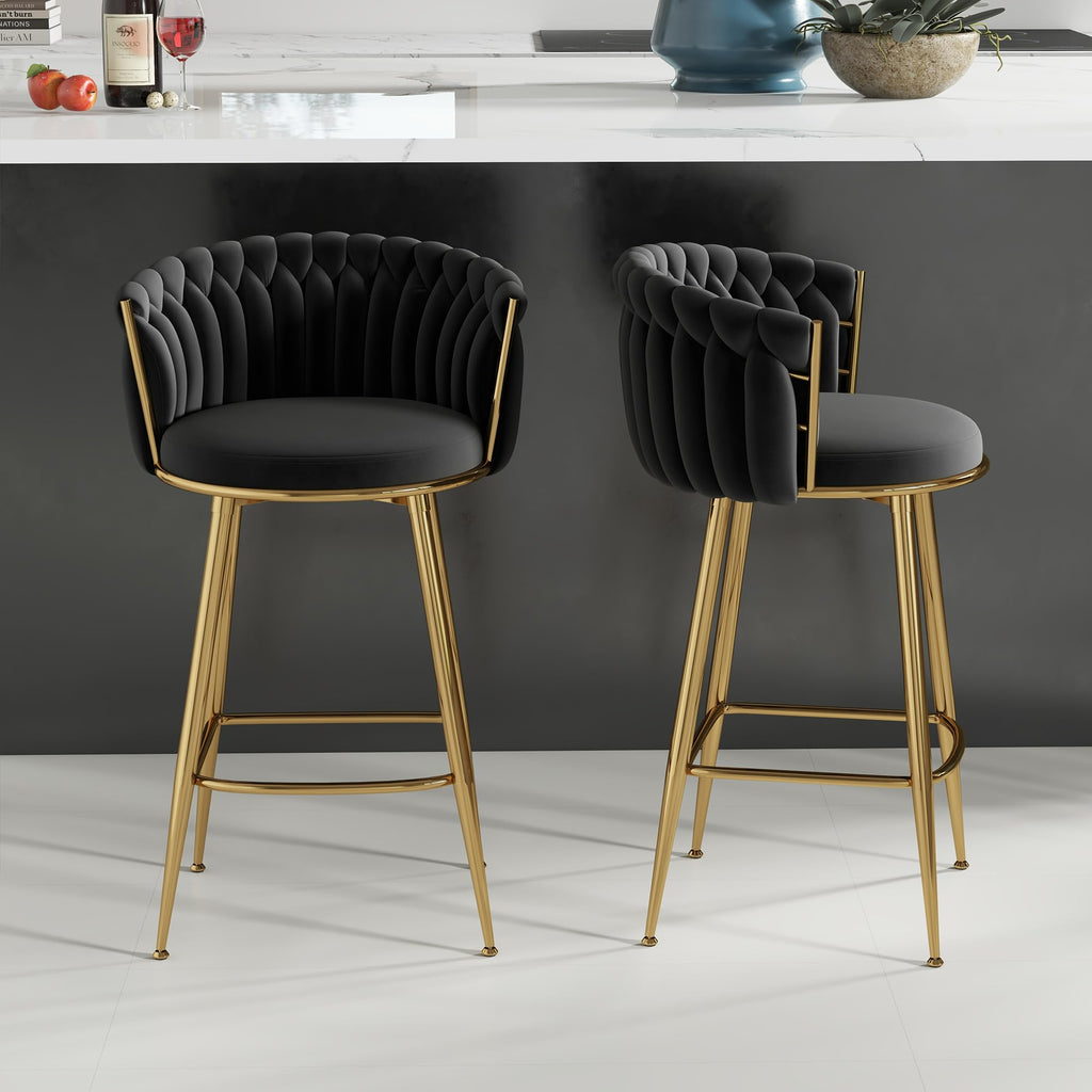 ABET Gold Bar Stool Set of 2, Velvet Swivel Barstools, Height Adjustable Counter Stools with Woven Back, Upholstered Modern Luxury Kitchen Stools with Footrest for Cafe, Pub, Black