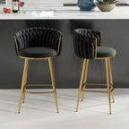 ABET Gold Bar Stool Set of 2, Velvet Swivel Barstools, Height Adjustable Counter Stools with Woven Back, Upholstered Modern Luxury Kitchen Stools with Footrest for Cafe, Pub, Black