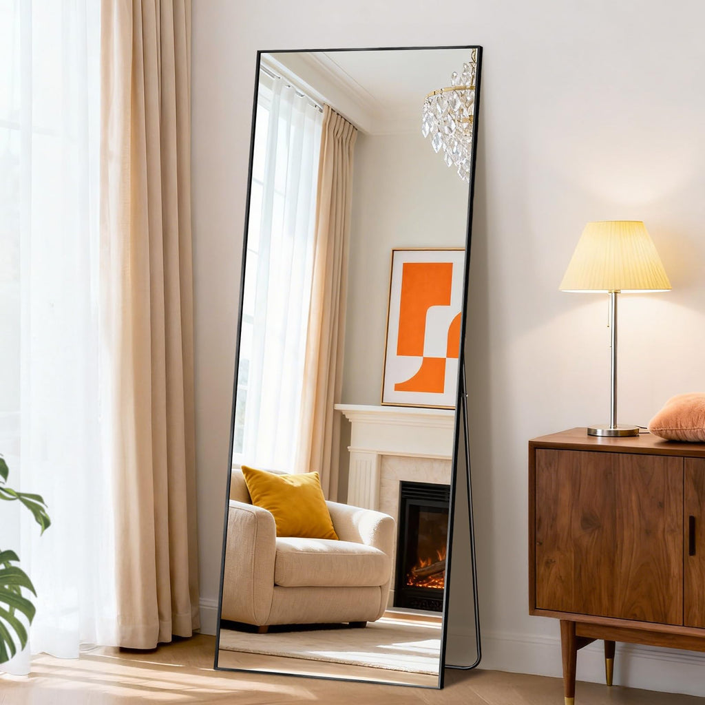 DUMOS Arched Full Length Mirror with Stand 64"x21" Floor Standing Aluminum Frame for Bedroom Body Hanging Leaning Modern Simple Home Decor Shatter-proorf Nano Glass Wall Living Room Cloakroom Black