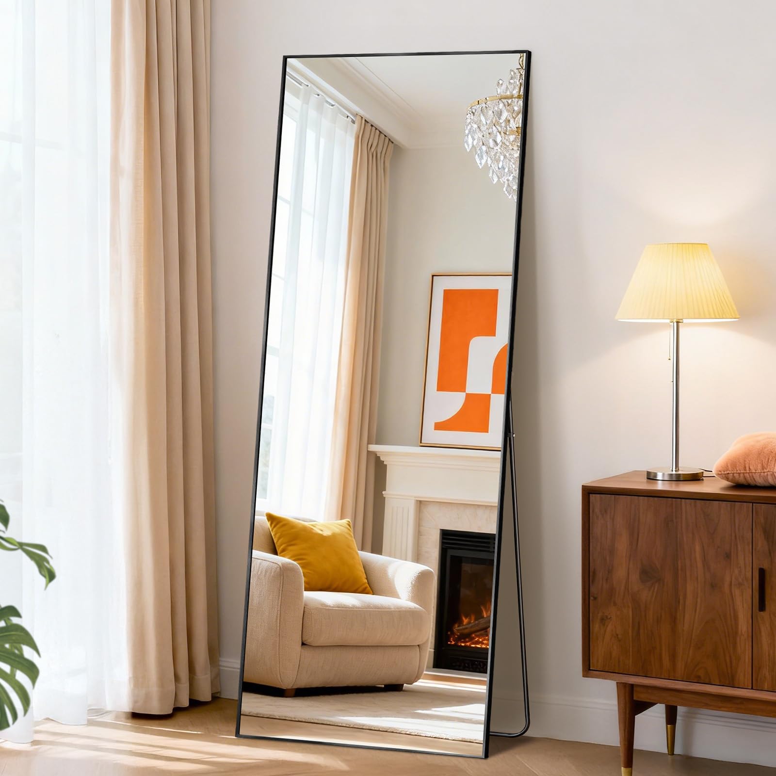 DUMOS Arched Full Length Mirror with Stand 64"x21" Floor Standing Aluminum Frame for Bedroom Body Hanging Leaning Modern Simple Home Decor Shatter-proorf Nano Glass Wall Living Room Cloakroom Black