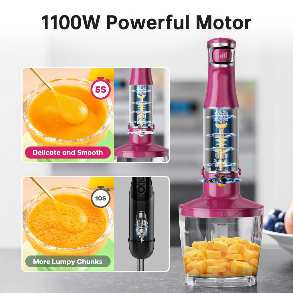 Turelar Immersion Blender Handheld Corded Hand Blenders Set 1100W, Trigger Variable Speed 5 in 1 Stick Emulsifier with Chopper, Whisk and Frother for Soup, Baby Food and Smoothies, Navy Blue