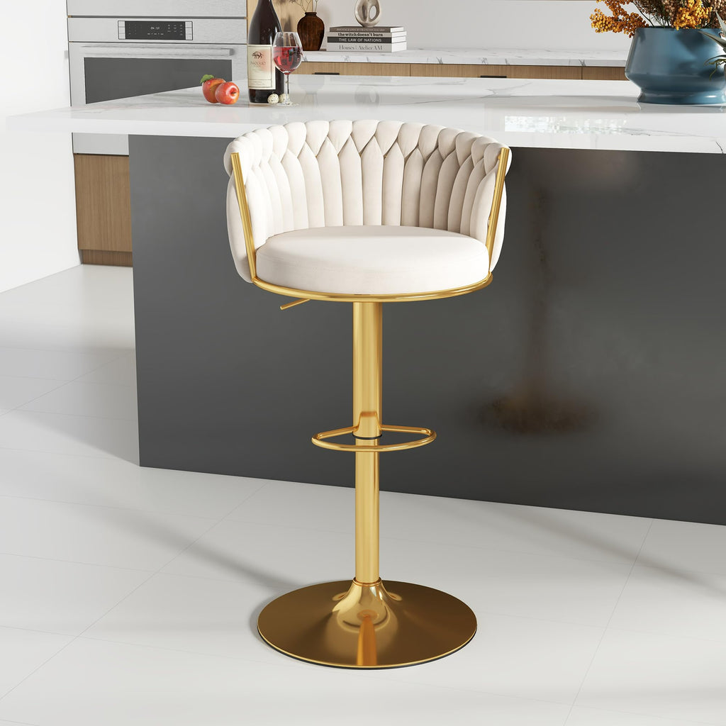 ABET Gold Bar Stool Set of 2, Velvet Swivel Barstools, Height Adjustable Counter Stools with Woven Back, Upholstered Modern Luxury Kitchen Stools with Footrest for Cafe, Pub, Black