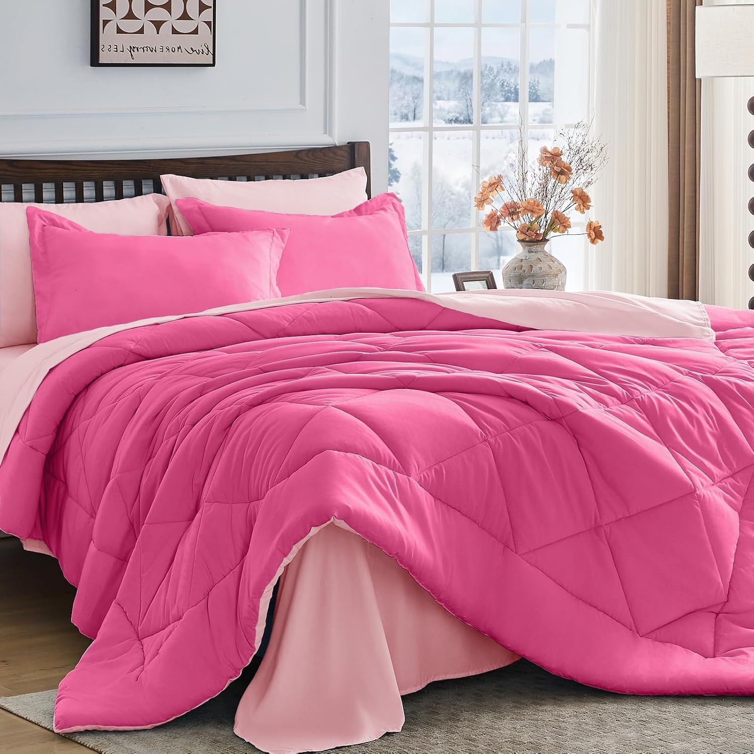 HEVUMYI 7 Pieces Queen Comforter Set, All Season Reversible Bed in a Bag, Ultra Soft Queen Bedding Set with Grey Comforter, Flat Sheet, Fitted Sheet, Pillowcases, Pillow Shams, Dark Grey