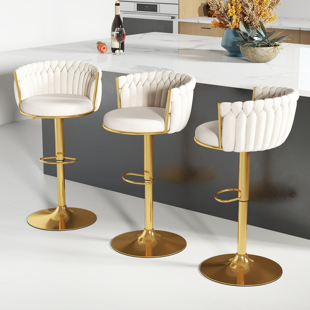 ABET Gold Bar Stool Set of 2, Velvet Swivel Barstools, Height Adjustable Counter Stools with Woven Back, Upholstered Modern Luxury Kitchen Stools with Footrest for Cafe, Pub, Black