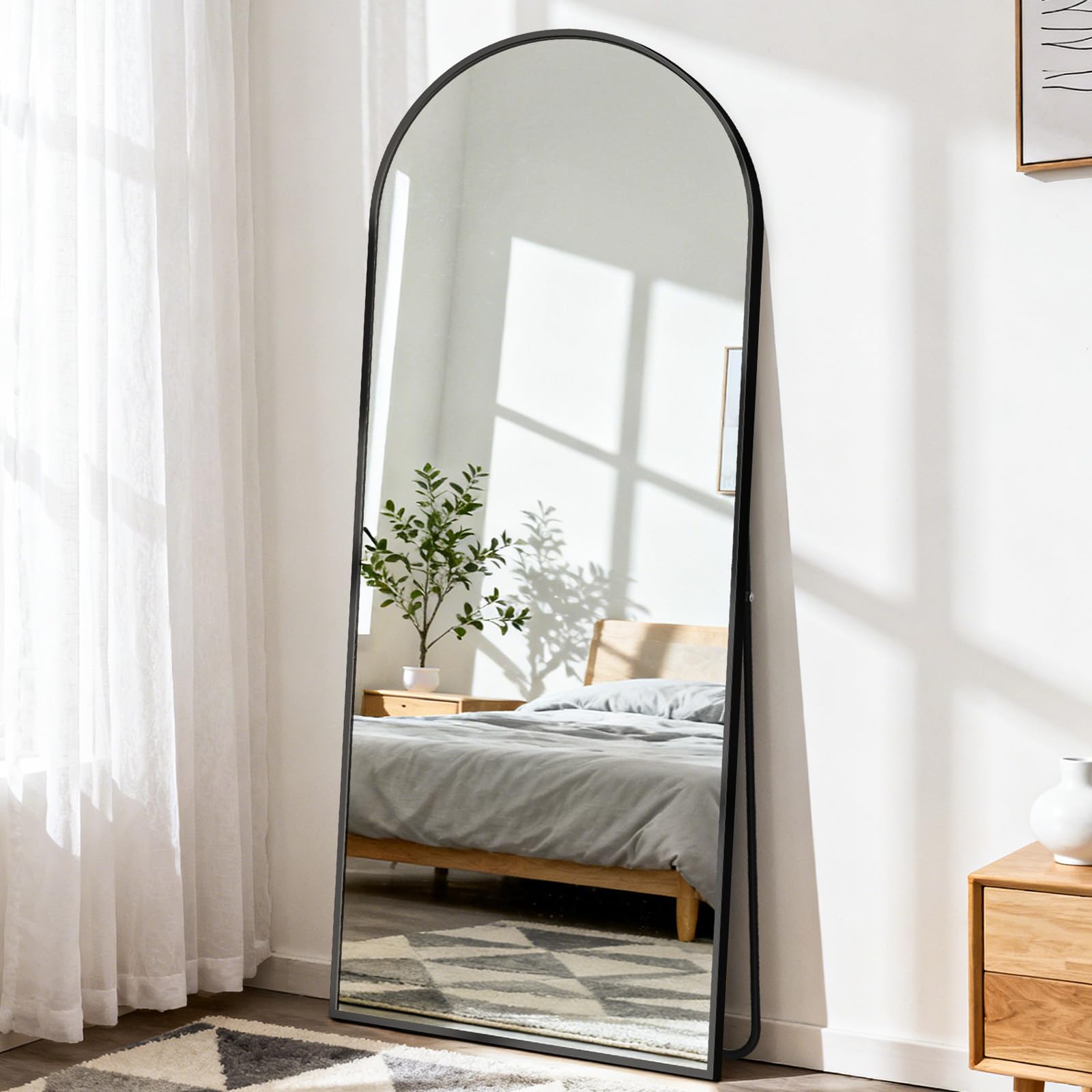 DUMOS Arched Full Length Mirror with Stand 64"x21" Floor Standing Aluminum Frame for Bedroom Body Hanging Leaning Modern Simple Home Decor Shatter-proorf Nano Glass Wall Living Room Cloakroom Black