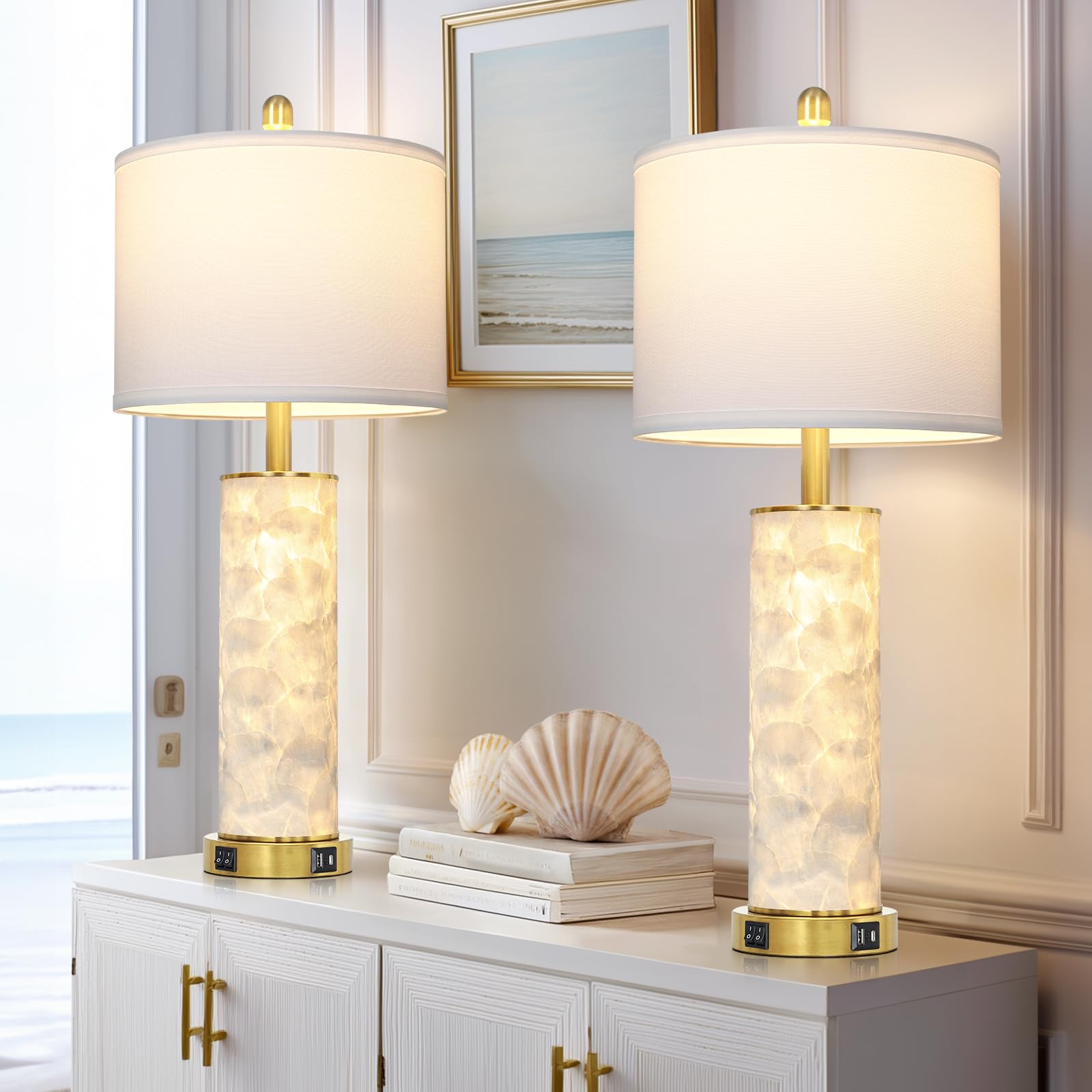 29" Gold Modern Table Lamps Set of 2, 3-Way Dimmable Touch Lamps for Nightstand with USB A+C & Outlets,Brass Lamps for Living Room, Bedroom, Nightstand, Entryway(2 Bulbs Included)