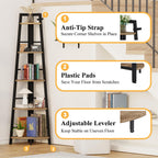 BON AUGURE 5-Tier Corner Ladder Shelf Stand, Black Metal Wood Corner Bookshelf, Narrow Tall Display Bookcase Shelving Unit for Living Room, Home Office, Small Space (Rustic Oak)