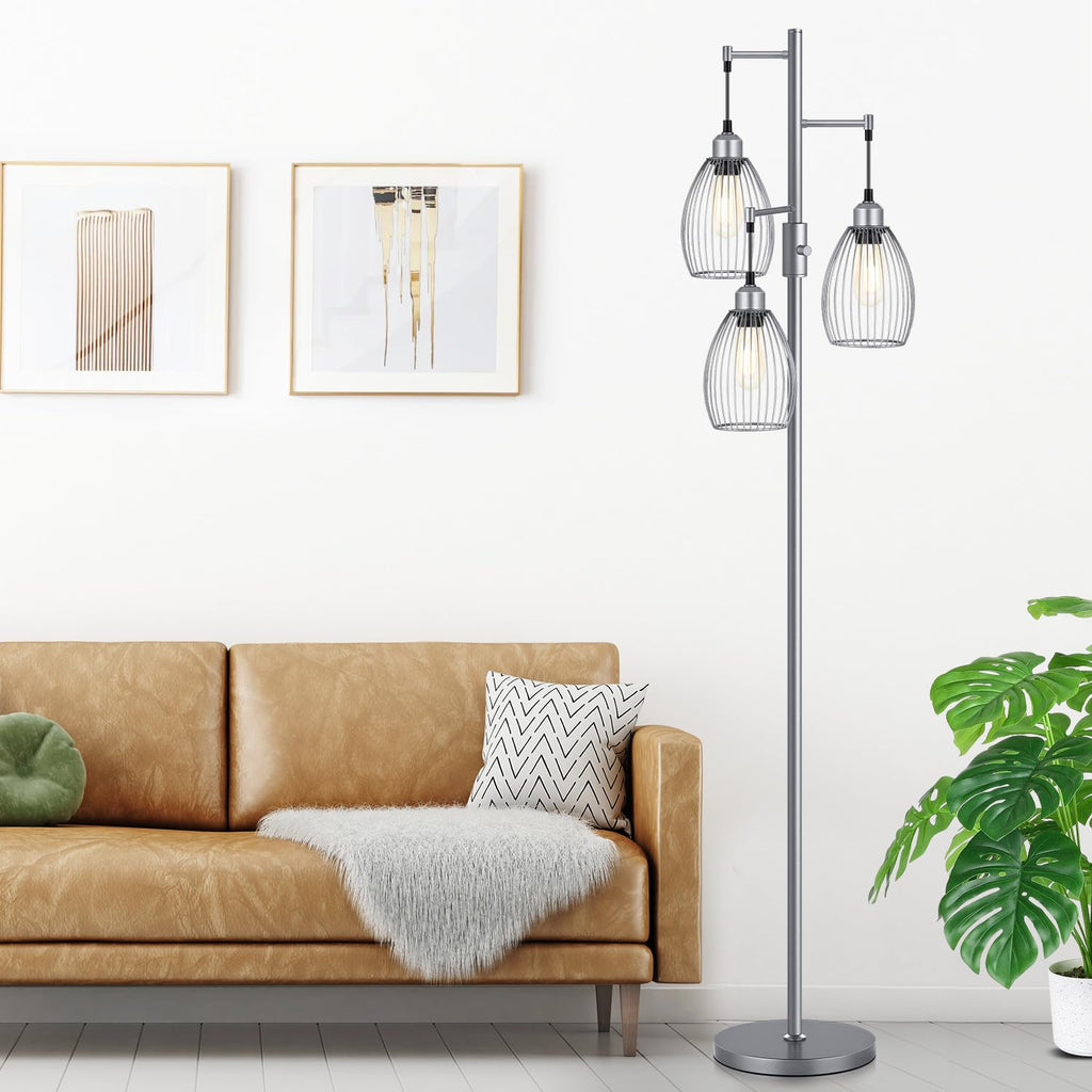 Dimmable Floor Lamp, Industrial Floor Lamps for Living Room, Gold Tree Lamp Standing Lamp Tall Lamps with 3 Elegant Teardrop Cage Head & 800 Lumens LED Bulbs for Living room Bedroom Office Dining Room