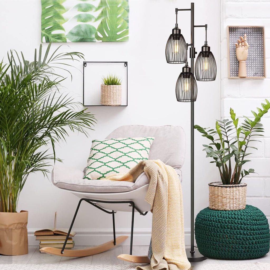 Dimmable Floor Lamp, Industrial Floor Lamps for Living Room, Gold Tree Lamp Standing Lamp Tall Lamps with 3 Elegant Teardrop Cage Head & 800 Lumens LED Bulbs for Living room Bedroom Office Dining Room