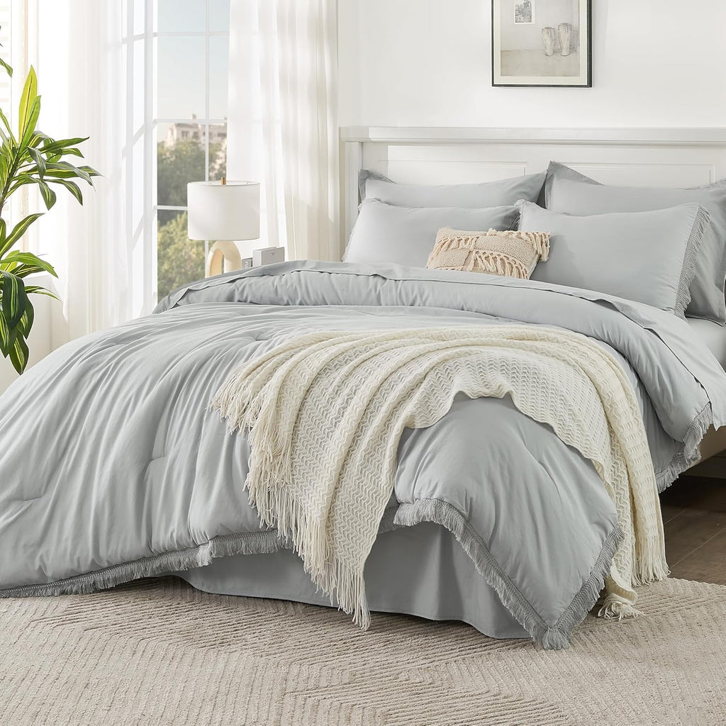 Andency King Size Comforter Set with Sheets Light Pink - 7 Pieces Bed in a Bag Boho Soft Lightweight Bedding Sets, Tassel Bed Set with Comforter, Sheets, Pillowcases & Shams