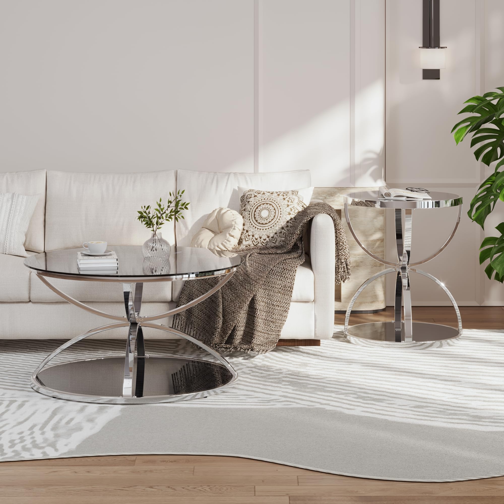32" Tempered Glass Round Coffee Table Modern Gold Frame Ring Base Single-Layer Circle Living Room Center Tables