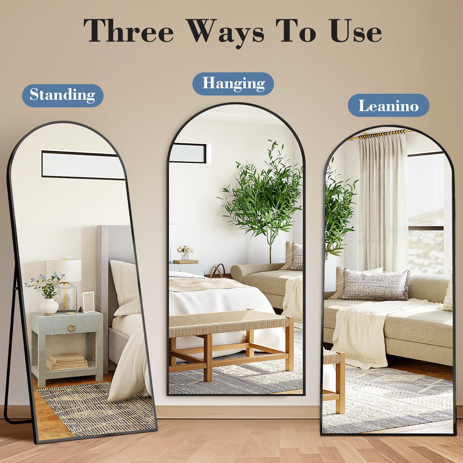 DUMOS Arched Full Length Mirror with Stand 64"x21" Floor Standing Aluminum Frame for Bedroom Body Hanging Leaning Modern Simple Home Decor Shatter-proorf Nano Glass Wall Living Room Cloakroom Black