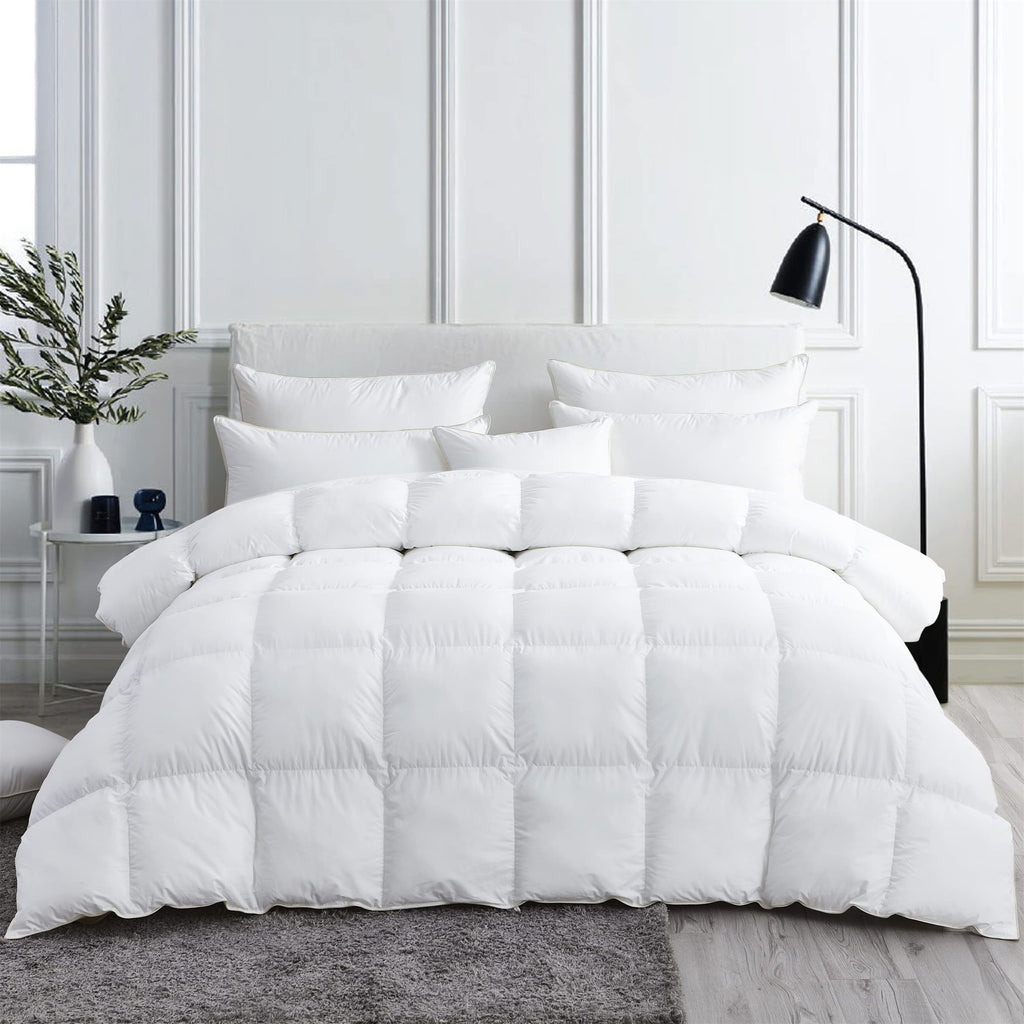 Luxurious White Solid Heavy Weight, Palatial King Size Goose Feathers Down Comforter for Winter Weather, 120 X 98 inches, Premium Baffle Box, 100% Egyptian Cotton Cover, 95 oz. Fill Weight