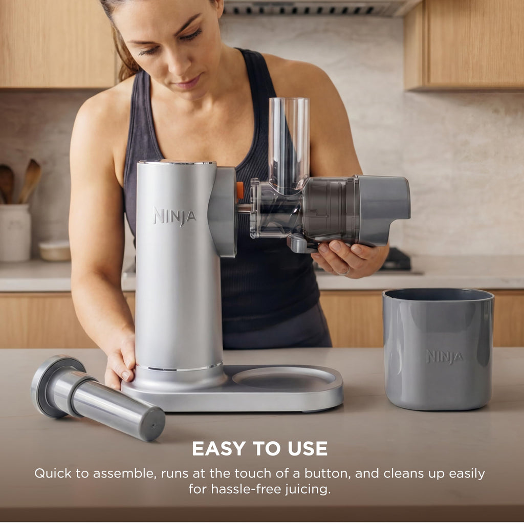 Ninja NeverClog Cold Press Juicer | Powerful Electric Slow Masticating Juicer with Pulp Control | XL Capacity | 24 oz. Juice Jug & 36 oz. Pulp Container | Dishwasher Safe | Navy | 150W | JC151NV