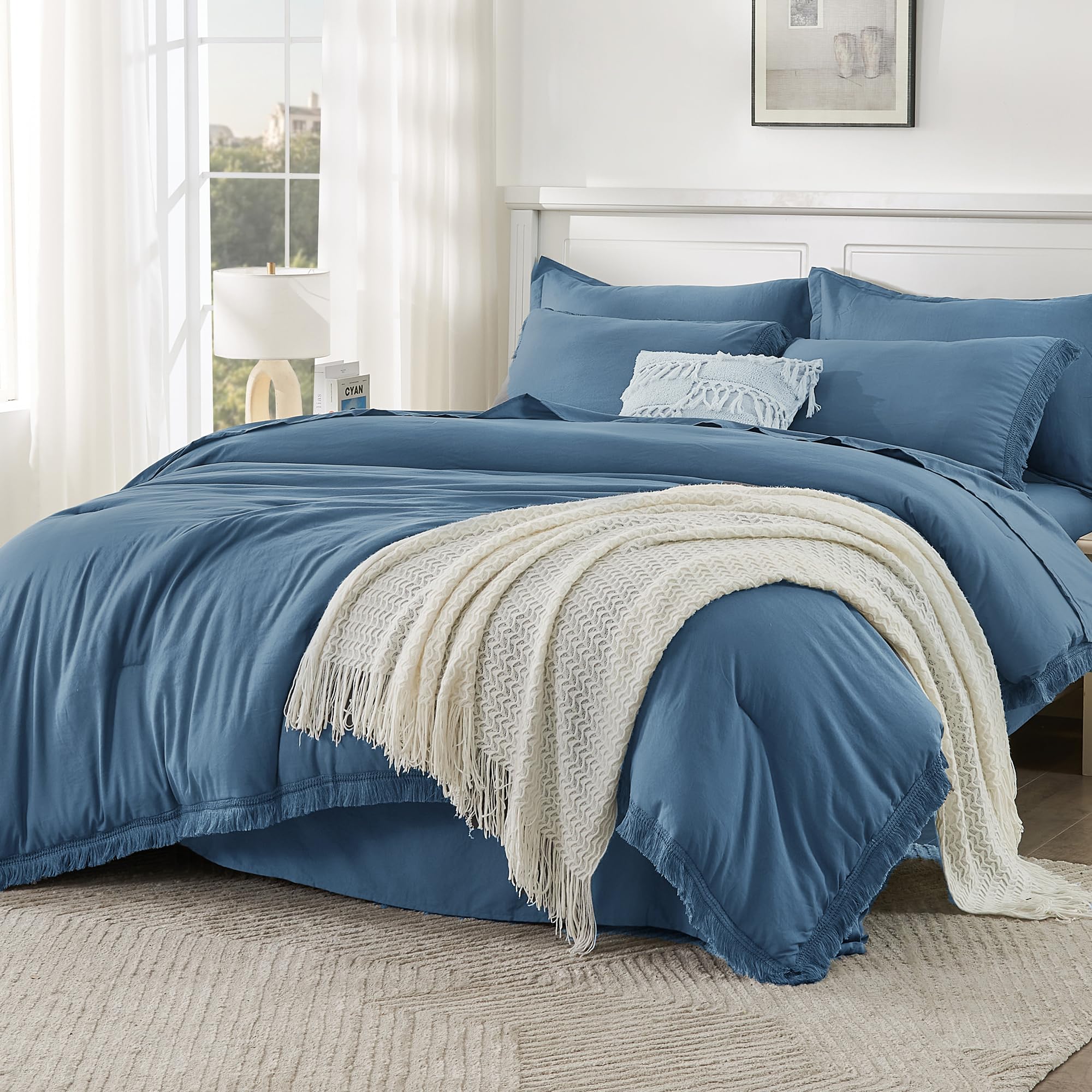 Andency King Size Comforter Set with Sheets Light Pink - 7 Pieces Bed in a Bag Boho Soft Lightweight Bedding Sets, Tassel Bed Set with Comforter, Sheets, Pillowcases & Shams