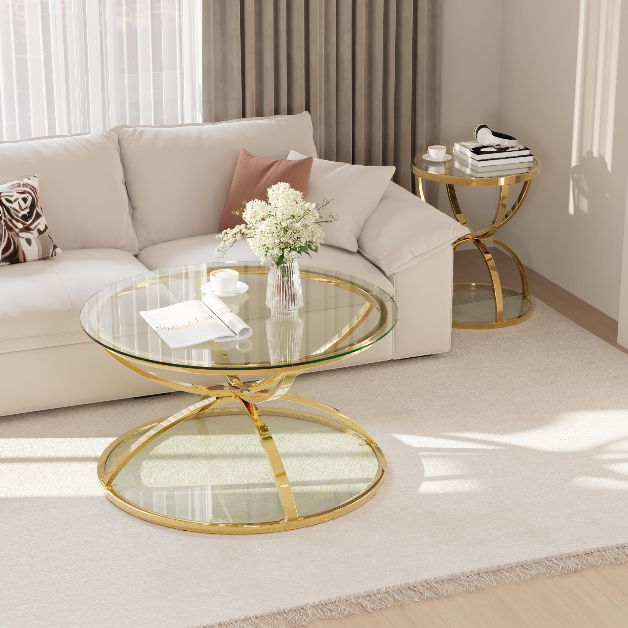 32" Tempered Glass Round Coffee Table Modern Gold Frame Ring Base Single-Layer Circle Living Room Center Tables