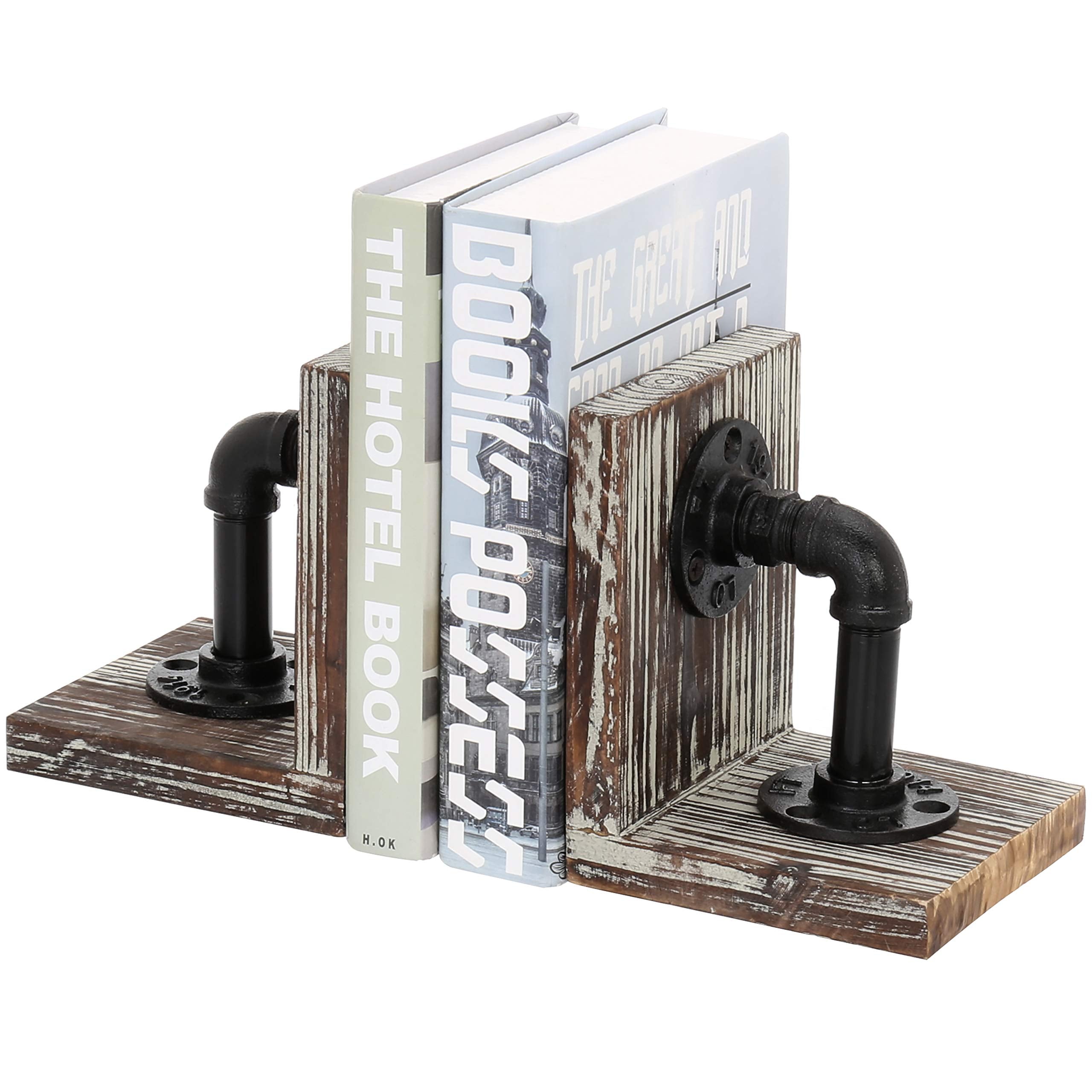 MyGift Book Ends Decorative, Bookends for Shelves, Metal Bookends for Heavy Books, Office Decor for Men, Wood Book Stopper, Realistic Industrial Pipe Design, Dark Brown