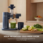 Ninja NeverClog Cold Press Juicer | Powerful Electric Slow Masticating Juicer with Pulp Control | XL Capacity | 24 oz. Juice Jug & 36 oz. Pulp Container | Dishwasher Safe | Navy | 150W | JC151NV