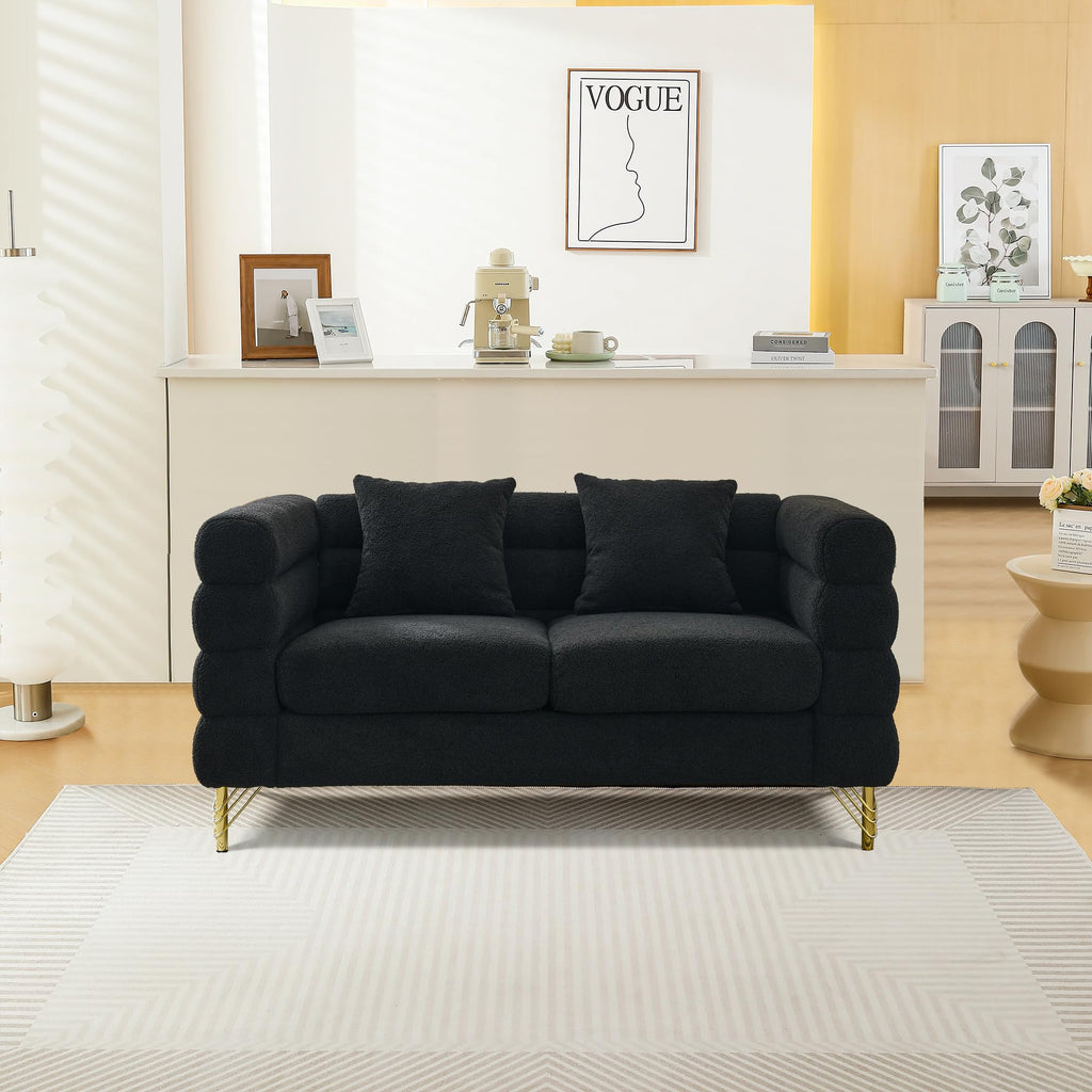 mikibama Modern Teddy Sectional Sofa, 81 Inch Oversized Sofa Couch, Luxury 3 Seater Deep Couch with 3 Pillows and Gold Metal Legs for Living Room, Bedroom, Apartment (Black)