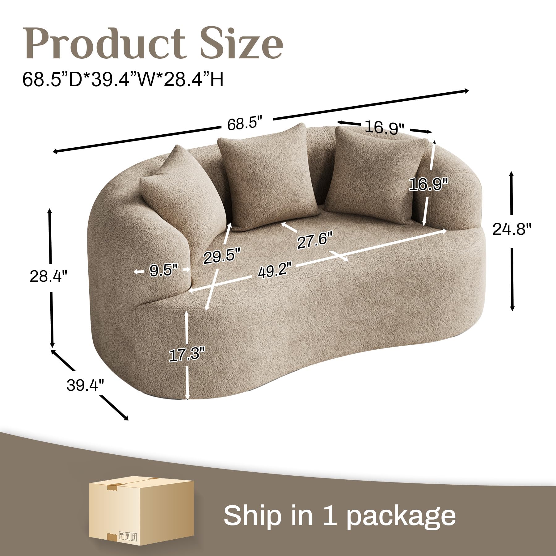 131" Oversized Sectional Sofa for Living Room, Modern Luxury Plush Chenille 4-Seater Extra Deep & Wide Seat Curved Cloud Couch with 4 Throw Pillows, No Assembly Needed, Light Brown