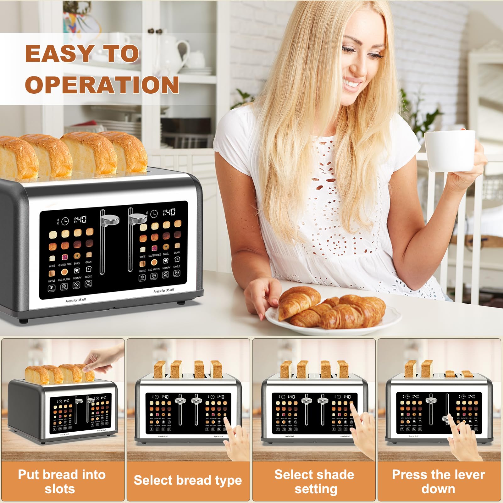 4 Slice Toaster Touch Screen, Stainless Steel Toasters Digital Timer, Dual Control Panel Toasters, 8 Shade Settings 6 Bread Types for Bagel, Cancel, Defrost 1650W