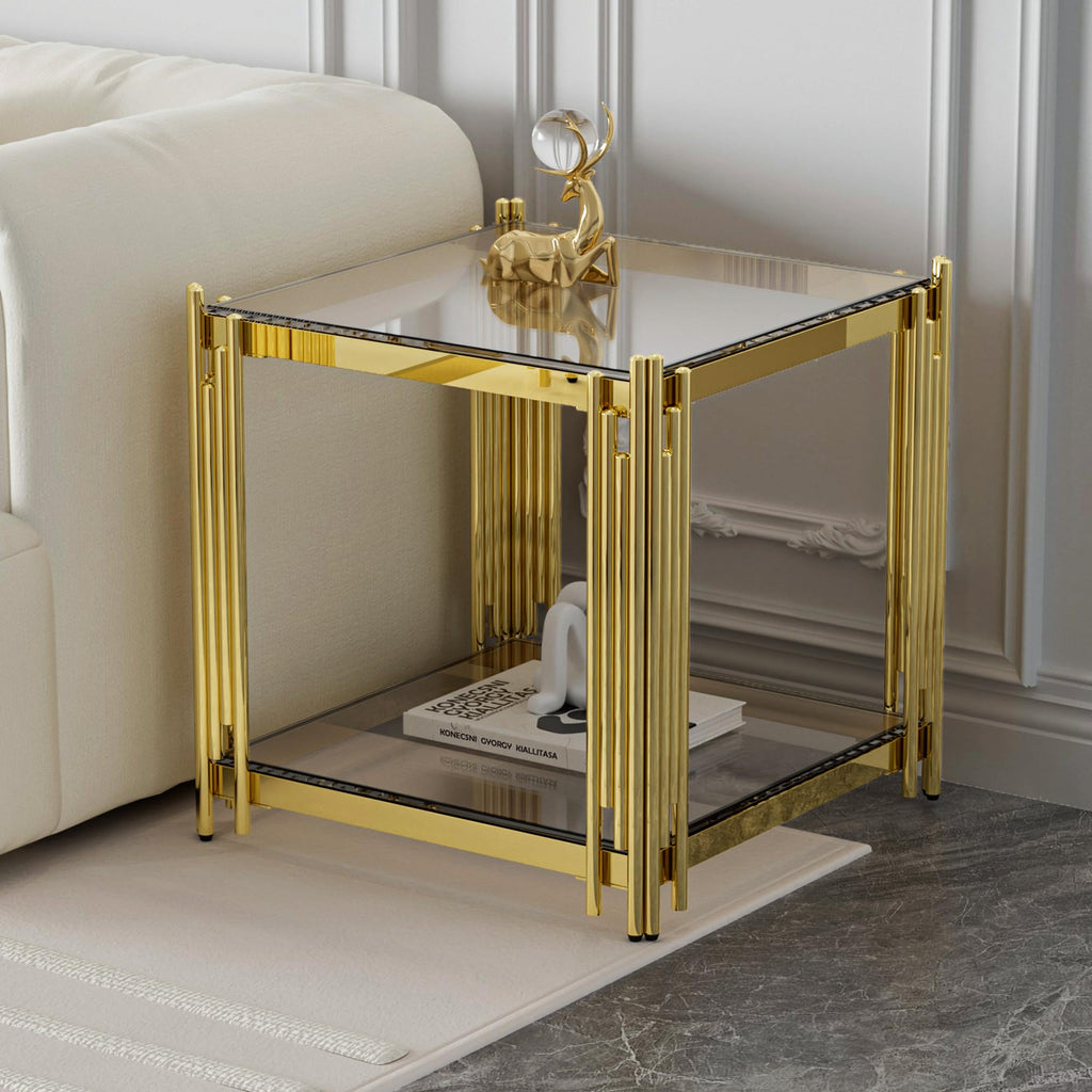 Luxury Gold Square Glass End Table, 19.7" Modern Side Table with Stainless Steel Irregular Leg Clear Tempered Glass Tabletop, Accent Furniture for Living Room, Clear