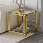 Luxury Gold Square Glass End Table, 19.7" Modern Side Table with Stainless Steel Irregular Leg Clear Tempered Glass Tabletop, Accent Furniture for Living Room, Clear
