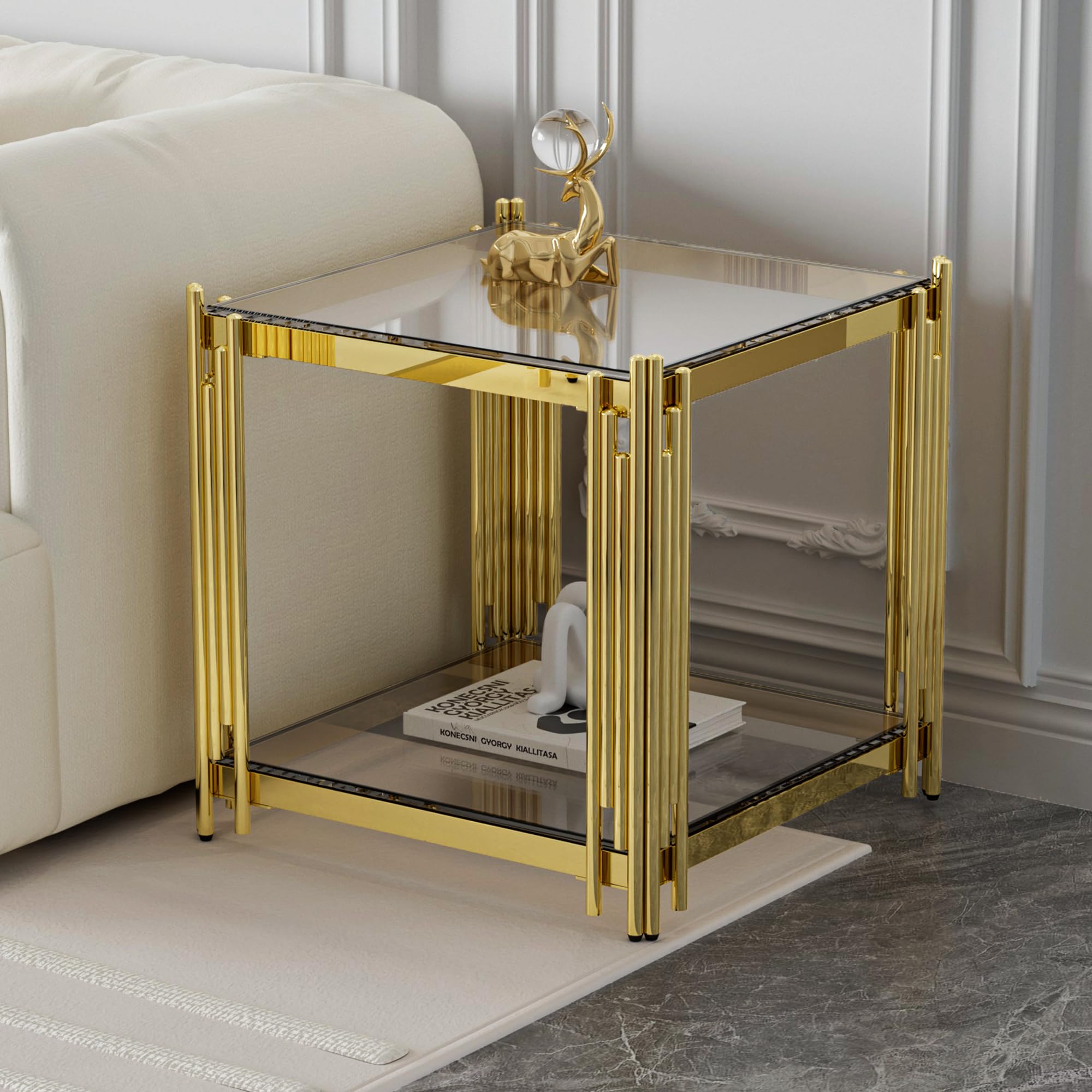 Luxury Gold Square Glass End Table, 19.7" Modern Side Table with Stainless Steel Irregular Leg Clear Tempered Glass Tabletop, Accent Furniture for Living Room, Clear