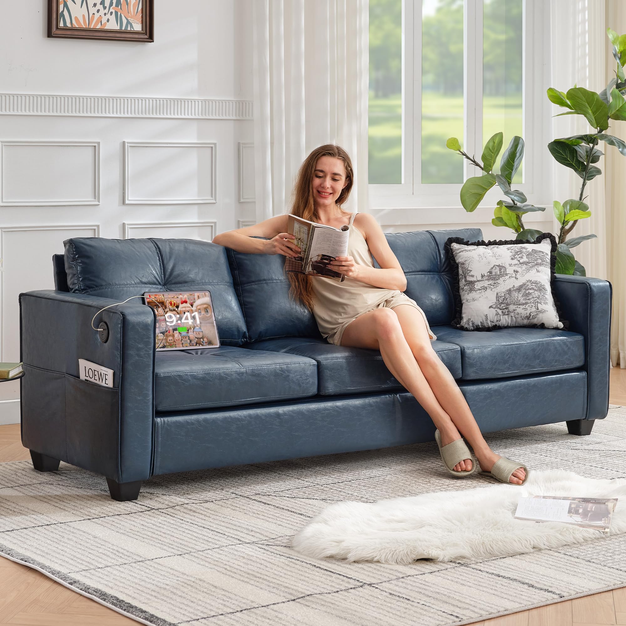 TYBOATLE 88" W Blue Faux Leather L Shaped Sectional Couches w/Side Pockets, Comfy Modular Convertible Sofas w/USB, Office Sofa Set with Chaise for Living Room, Bedroom (Blue, 3L)
