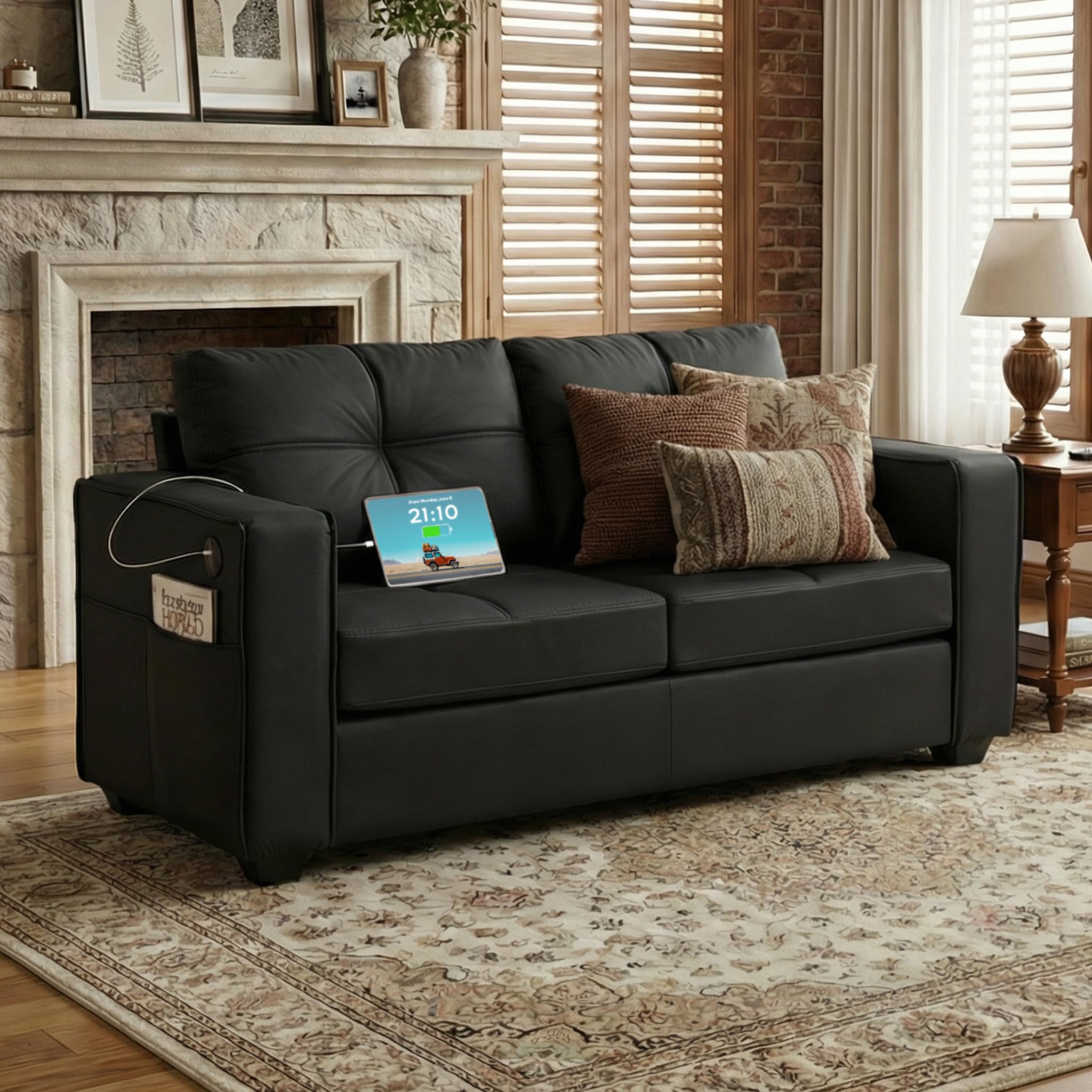 TYBOATLE 88" W Blue Faux Leather L Shaped Sectional Couches w/Side Pockets, Comfy Modular Convertible Sofas w/USB, Office Sofa Set with Chaise for Living Room, Bedroom (Blue, 3L)