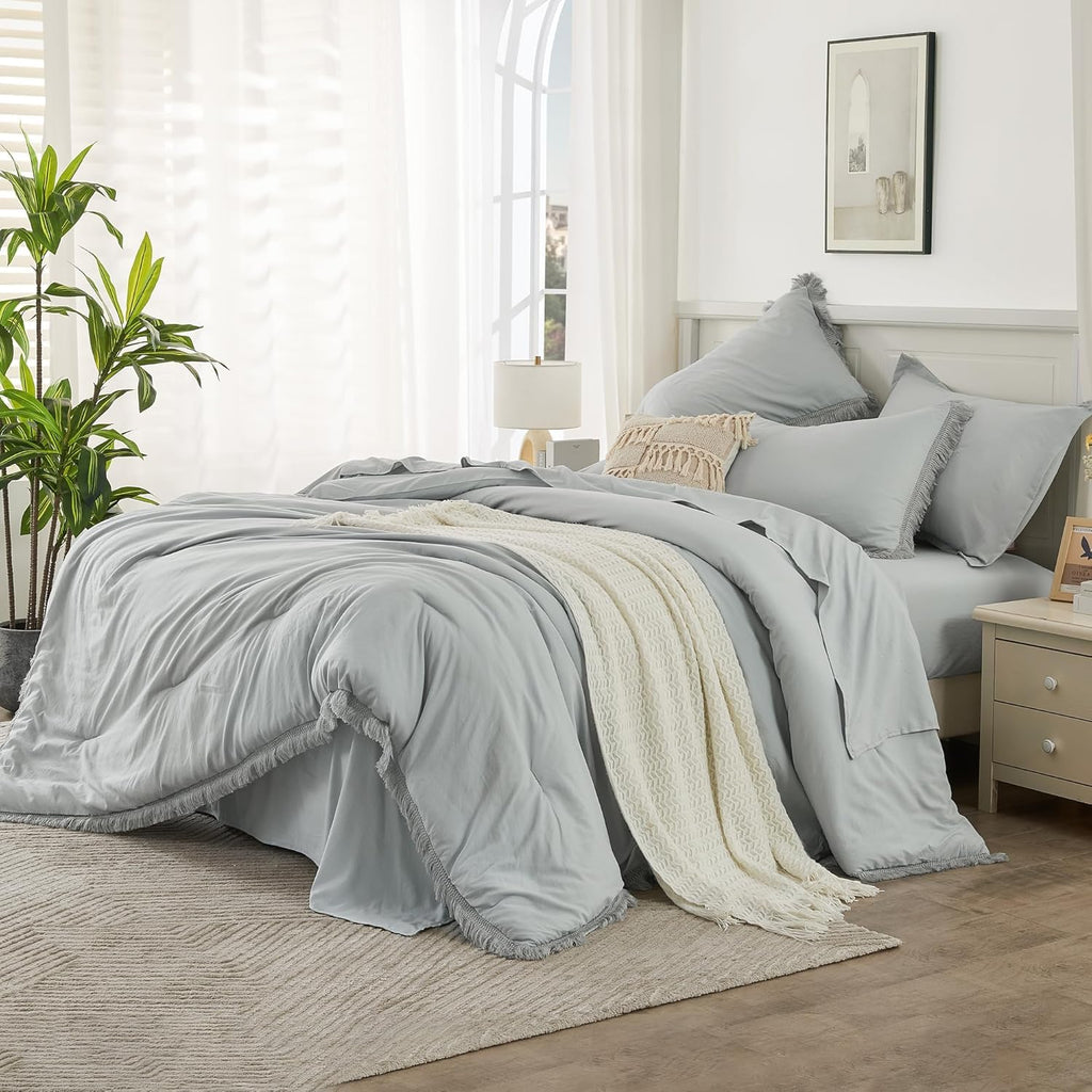Andency King Size Comforter Set with Sheets Light Pink - 7 Pieces Bed in a Bag Boho Soft Lightweight Bedding Sets, Tassel Bed Set with Comforter, Sheets, Pillowcases & Shams
