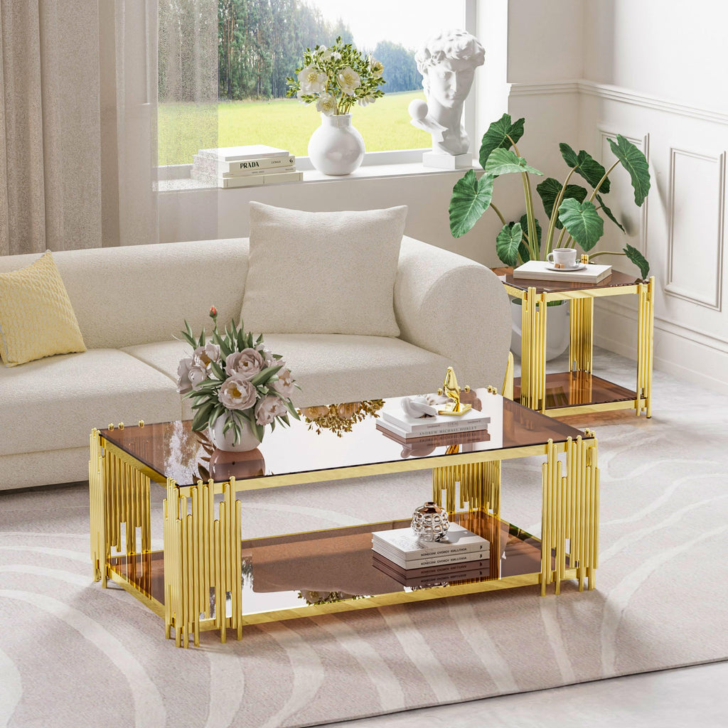 Luxury Gold Square Glass End Table, 19.7" Modern Side Table with Stainless Steel Irregular Leg Clear Tempered Glass Tabletop, Accent Furniture for Living Room, Clear