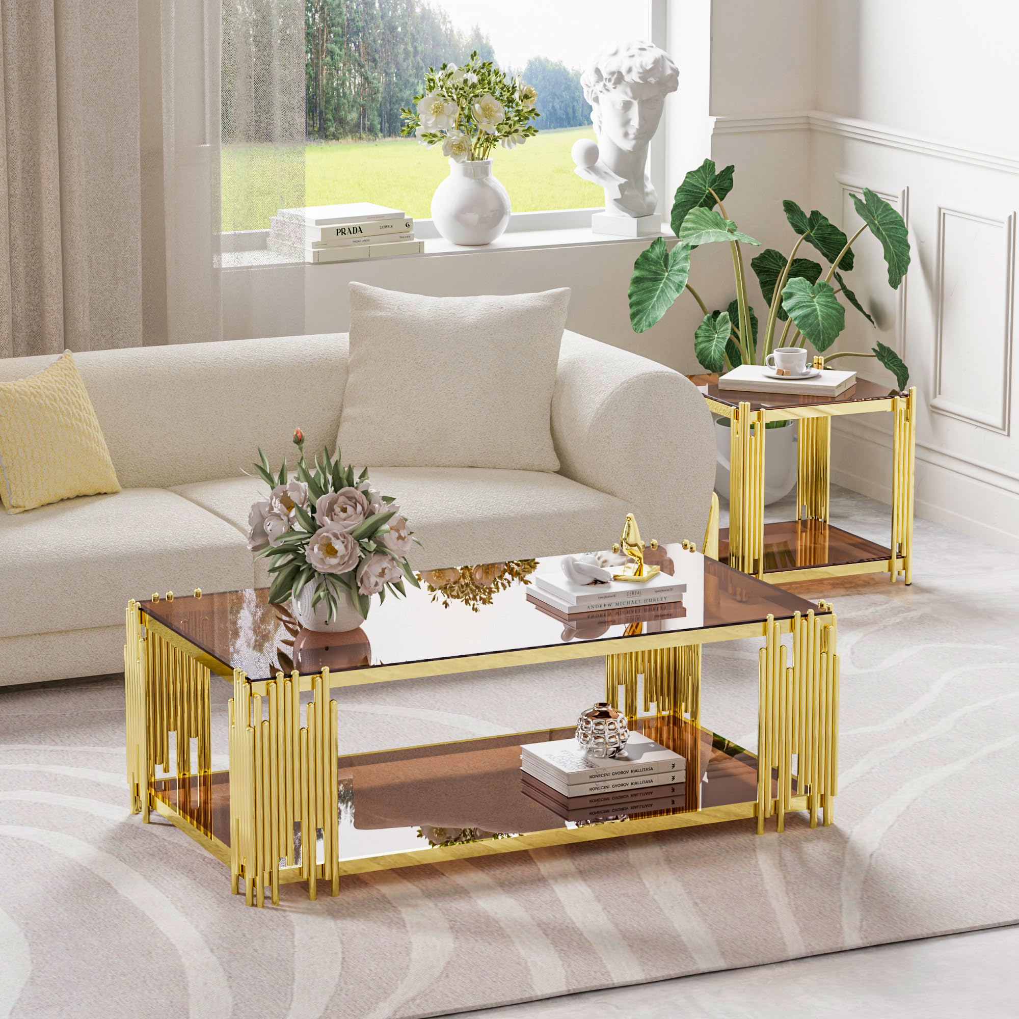 Luxury Gold Square Glass End Table, 19.7" Modern Side Table with Stainless Steel Irregular Leg Clear Tempered Glass Tabletop, Accent Furniture for Living Room, Clear