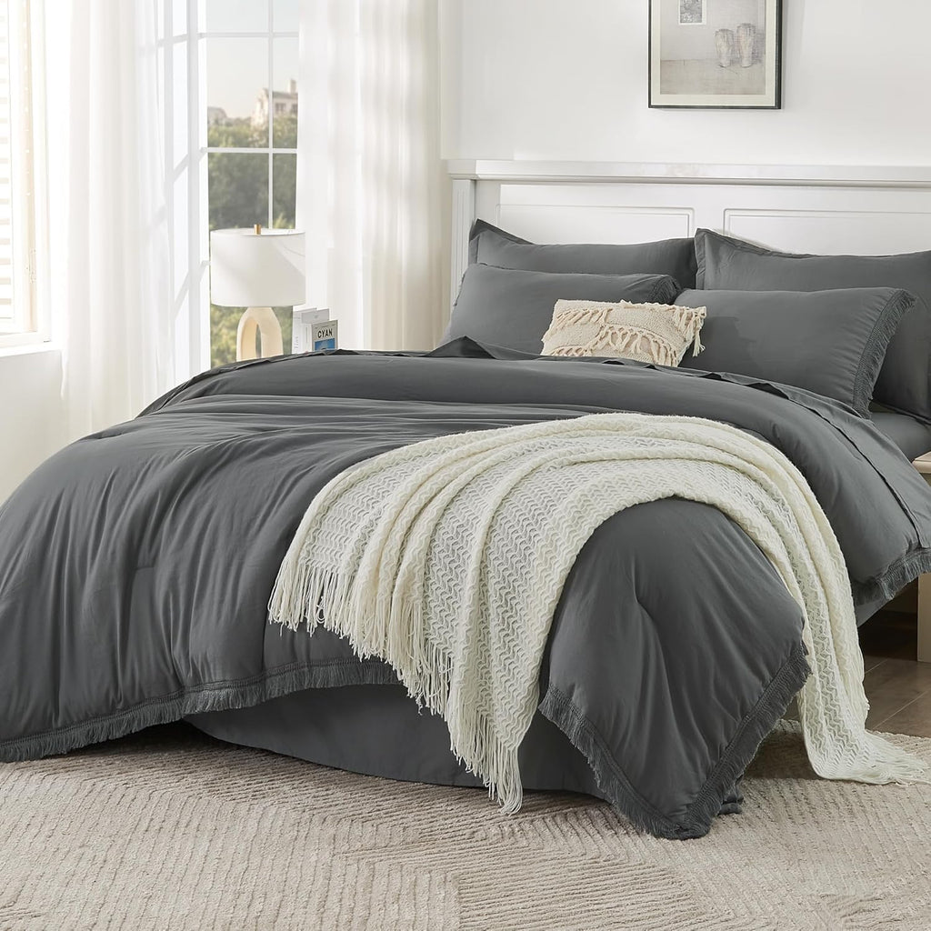 Andency King Size Comforter Set with Sheets Light Pink - 7 Pieces Bed in a Bag Boho Soft Lightweight Bedding Sets, Tassel Bed Set with Comforter, Sheets, Pillowcases & Shams