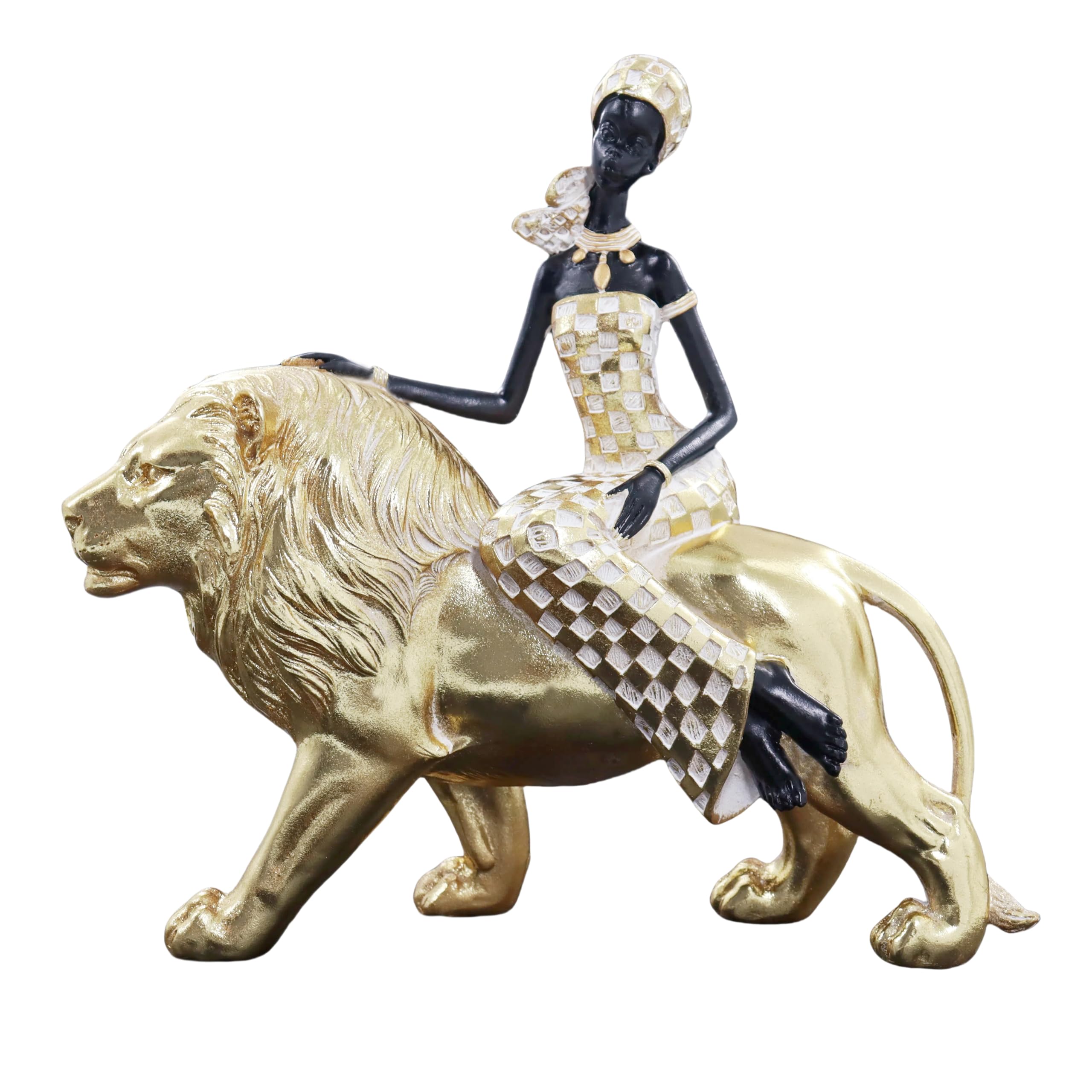 Lescafita African Woman Riding Lion Resin Statue – Tribal Figurine for Home Decor, Elegant Black and Gold Sculpture for Shelf, Desk, or Mantel, Unique for Mom, Friends, Women, Christmas