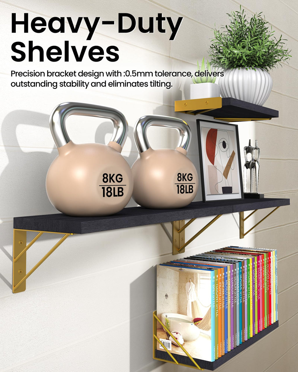 BAYKA Floating Shelves for Bedroom Decor, Wall Shelves for Storage, Wall Mounted Rustic Wood Floating Shelf for Books,Corner Shelf for Bathroom,Kitchen,Living Room(Black and Gold，Set of 4)
