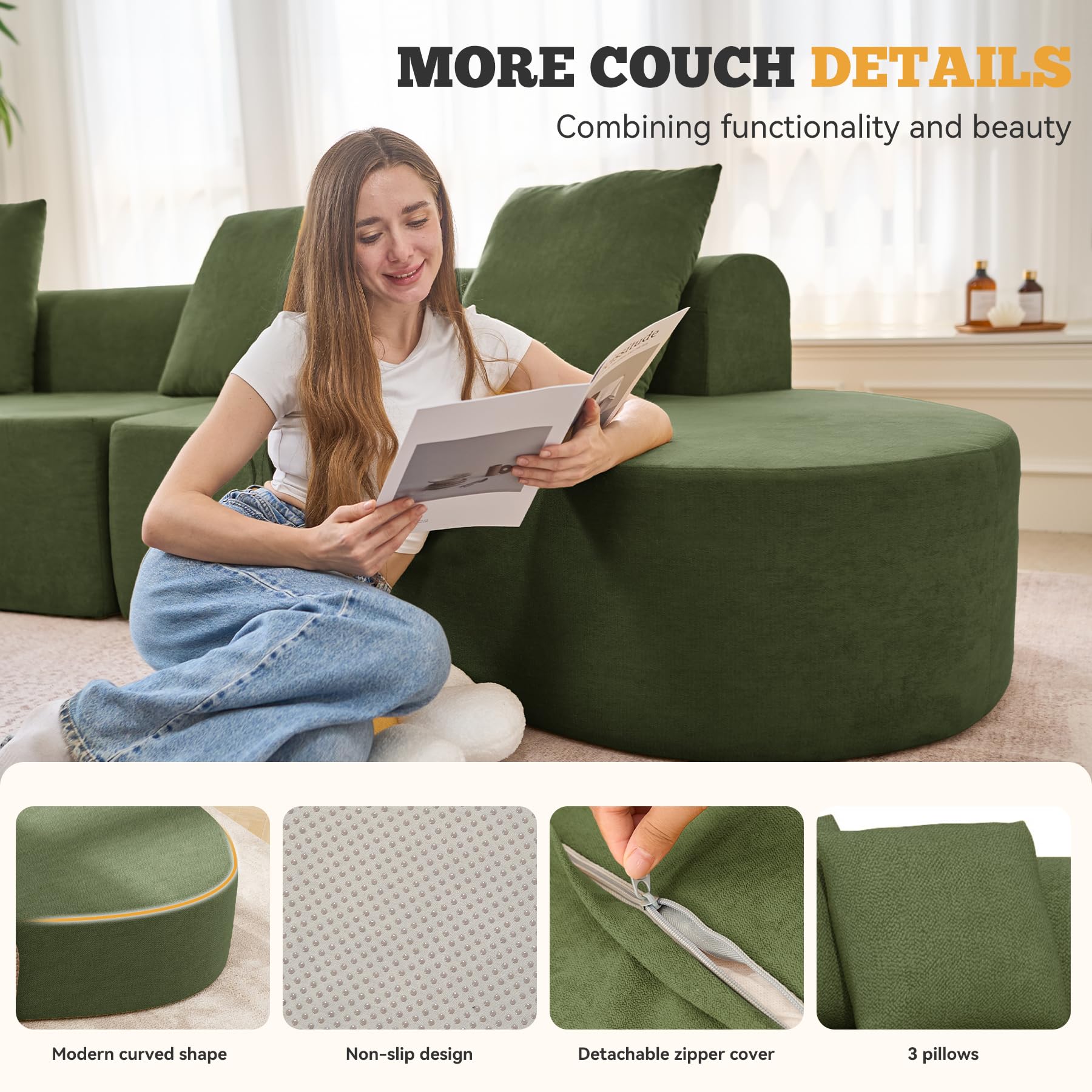126" Curved Modular Sectional Sofa, Modern Boneless Couches for Living Room,No Assembly Required Cloud Couch,Brown Corduroy Fabric,1 PCS