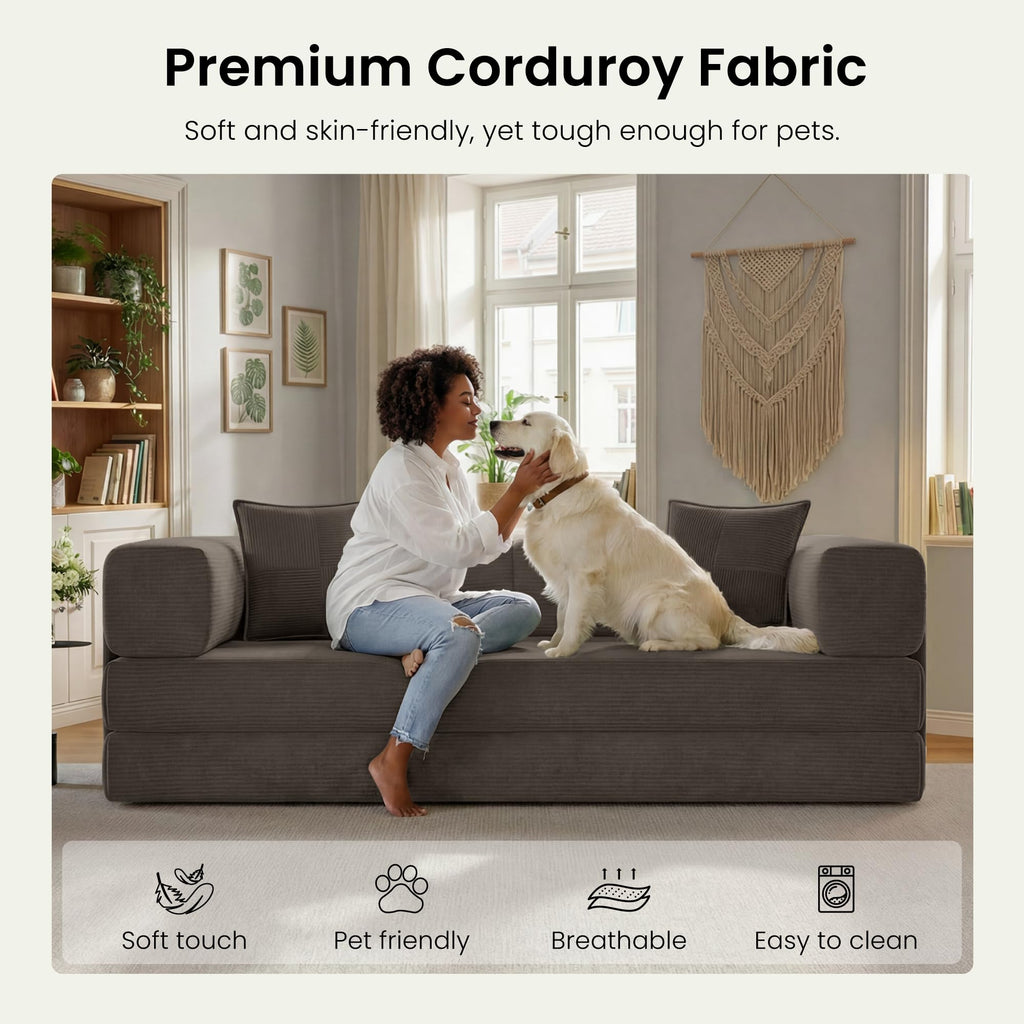 78.8" Convertible Futon Sofa Bed,Corduroy Futon Couch with Storage Pocket,Folding Pull Out Sofa,No Assembly Boneless Couch for Living Room | Pink