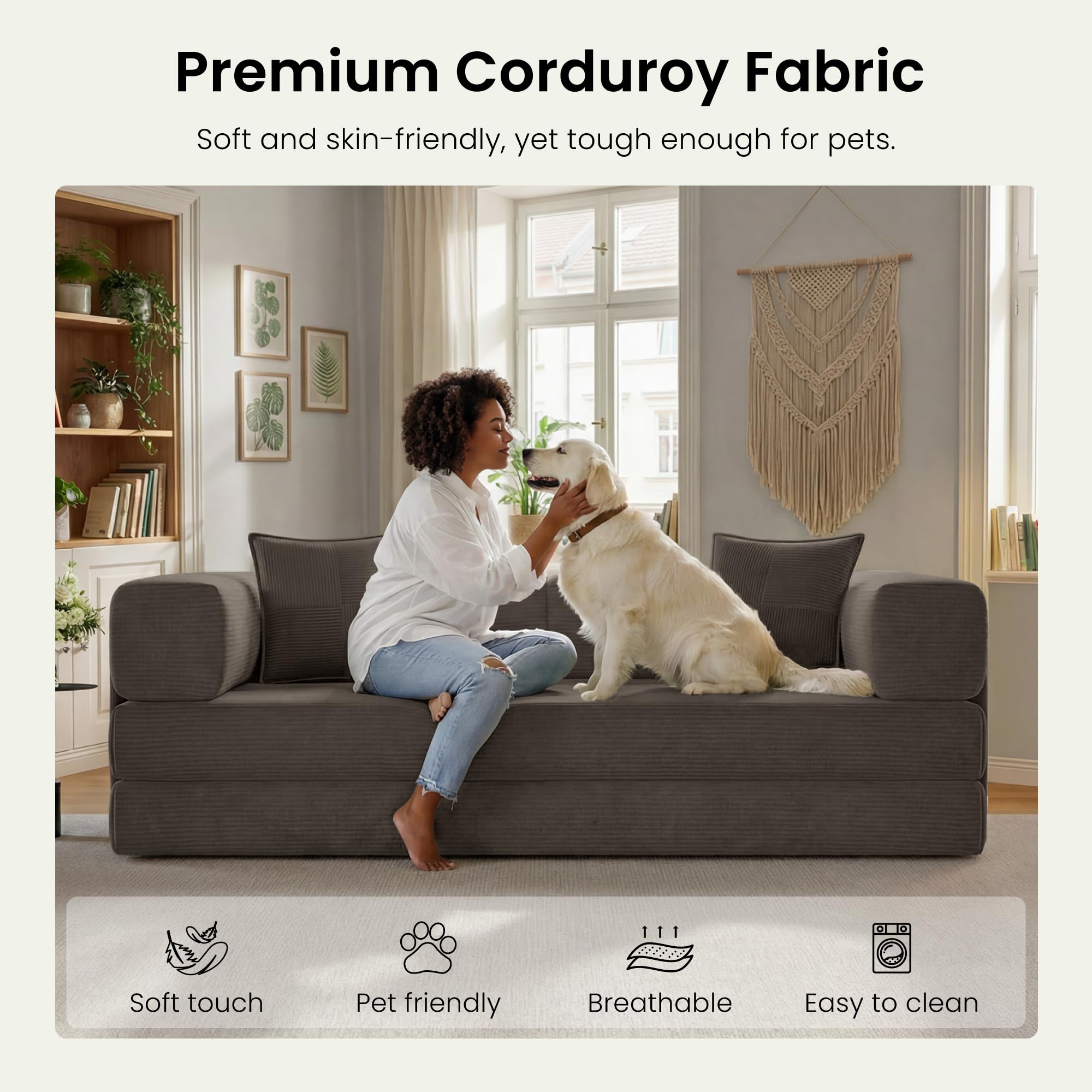 78.8" Convertible Futon Sofa Bed,Corduroy Futon Couch with Storage Pocket,Folding Pull Out Sofa,No Assembly Boneless Couch for Living Room | Pink